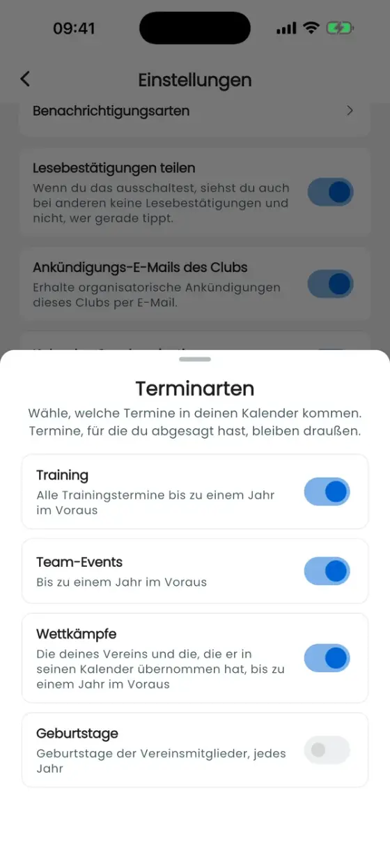 Auswahl der Terminarten mit Trainings, Team-Events, Wettkämpfen und Geburtstagen