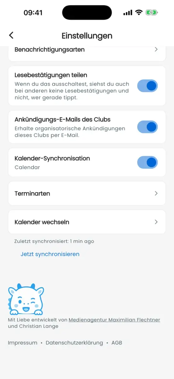 Kalender-Synchronisation mit ausgewähltem Kalender und weiteren Optionen