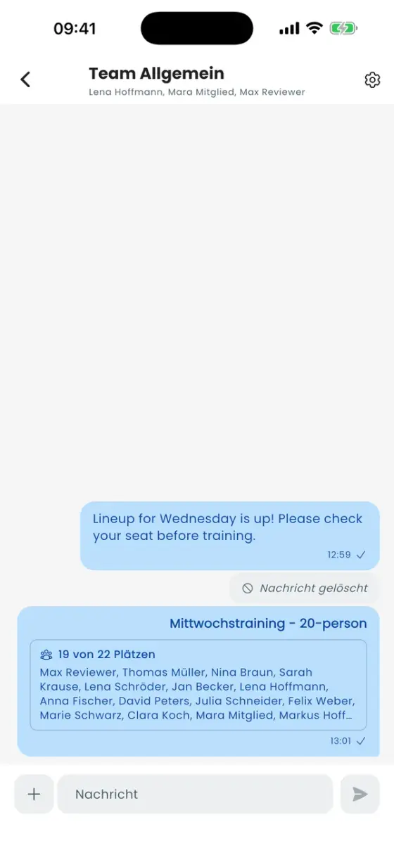 Chat Team Allgemein mit einer Nachricht und einer geteilten Aufstellung