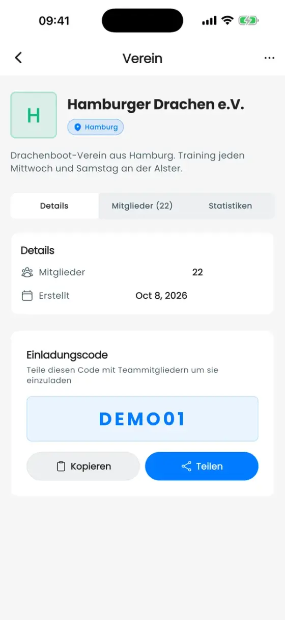 Vereinsseite, Tab Details, mit Einladungscode und den Buttons Kopieren und Teilen