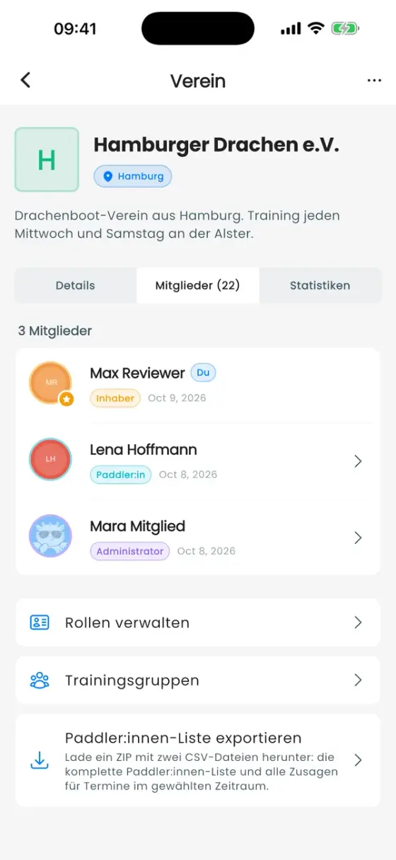 Vereinsseite, Tab Mitglieder, mit Rollenkennzeichnungen und darunter Rollen verwalten, Trainingsgruppen und Paddler:innen-Liste exportieren