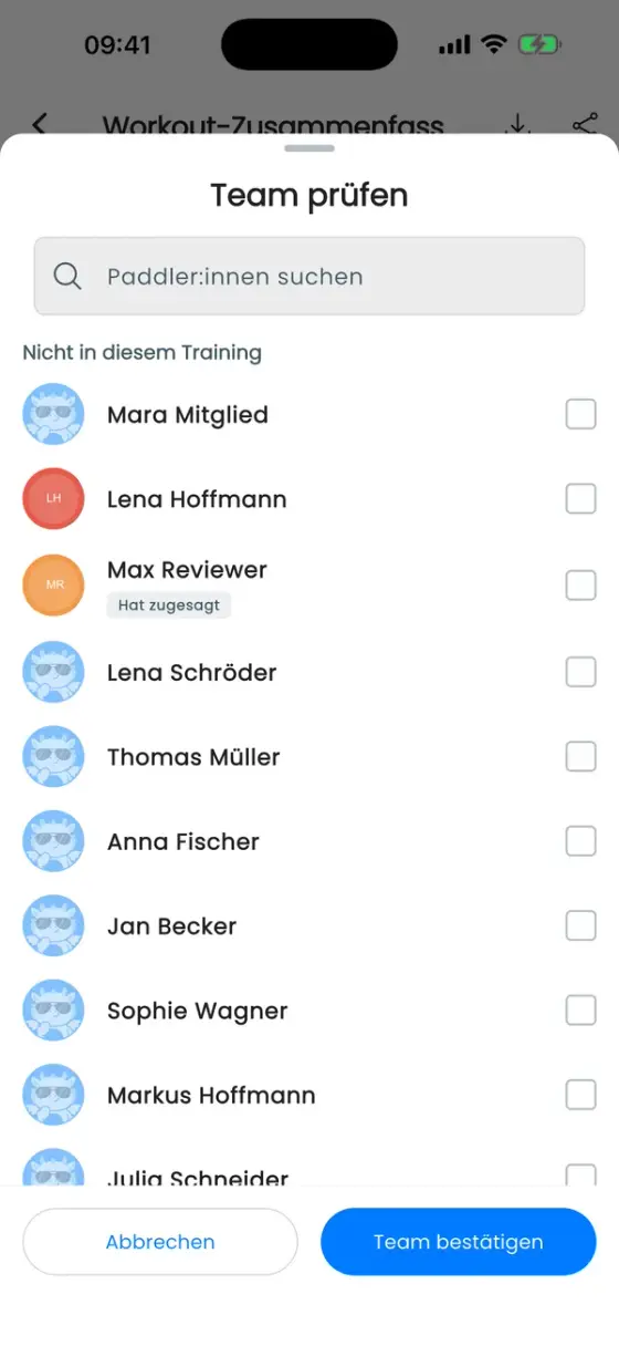 Team prüfen mit Paddler:innen, dem Hinweis Hat zugesagt und dem Button Team bestätigen