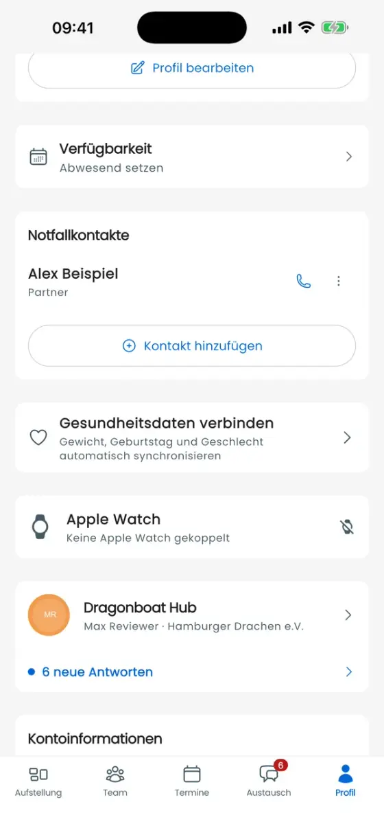 Profilbereich Notfallkontakte mit einem Beispielkontakt