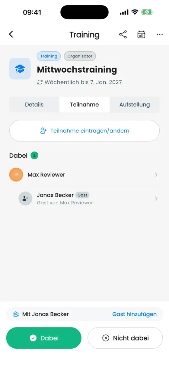 Tab Teilnahme mit Max Reviewer und seinem Gast unter Dabei