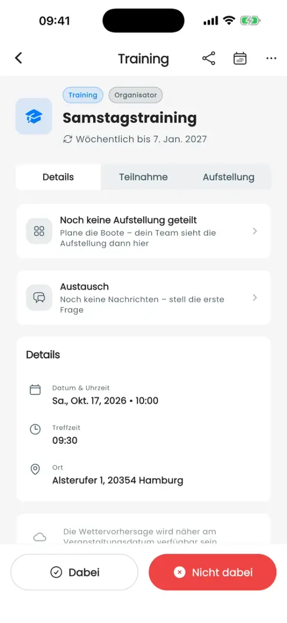 Trainingsseite mit den Buttons Dabei und Nicht dabei unten