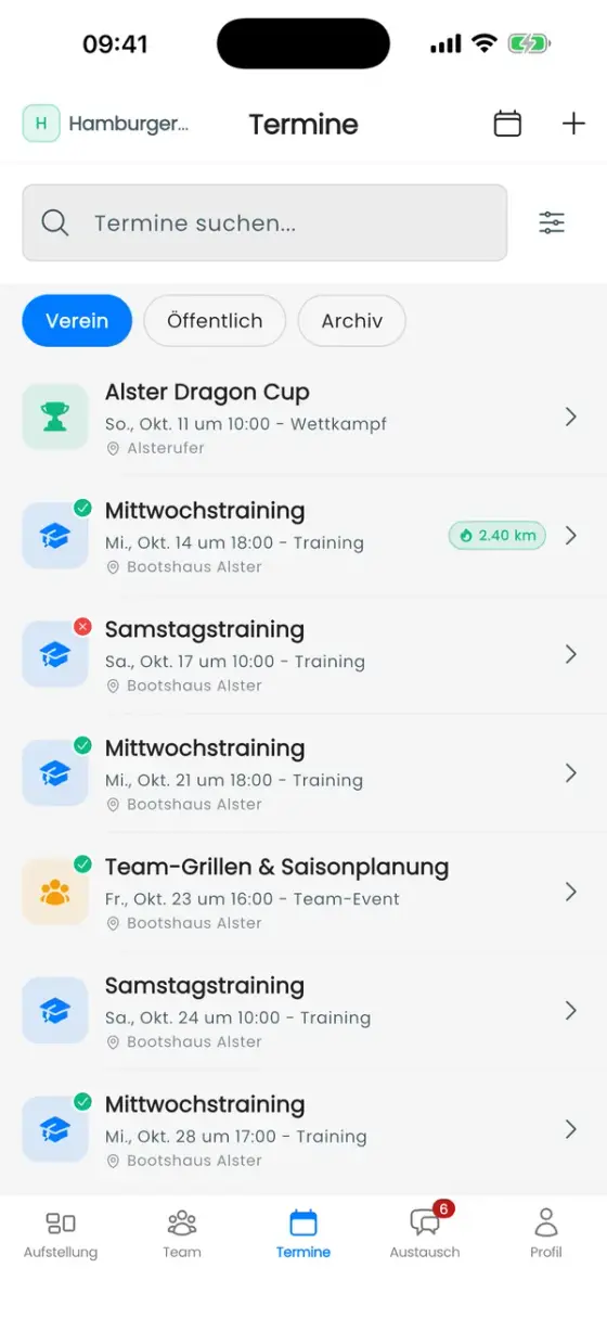 Tab Termine, Liste Verein mit anstehenden Trainings, einem Team-Event und einem Wettkampf