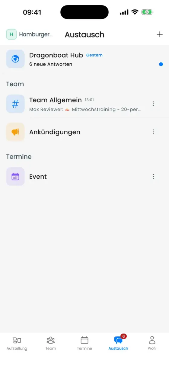 Tab Austausch mit Dragonboat Hub, Team Allgemein, Ankündigungen und einem Termin-Kanal
