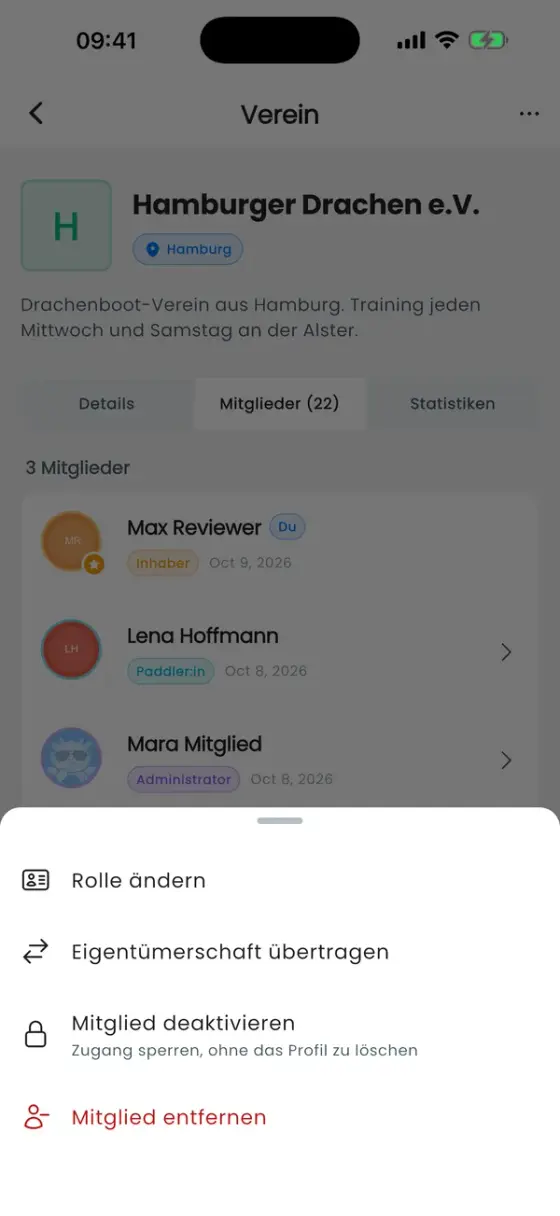 Aktionsmenü für ein Mitglied mit Rolle ändern, Eigentümerschaft übertragen, Mitglied deaktivieren und Mitglied entfernen
