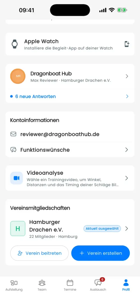 Profil-Tab, nach unten gescrollt bis zur Karte Vereinsmitgliedschaften