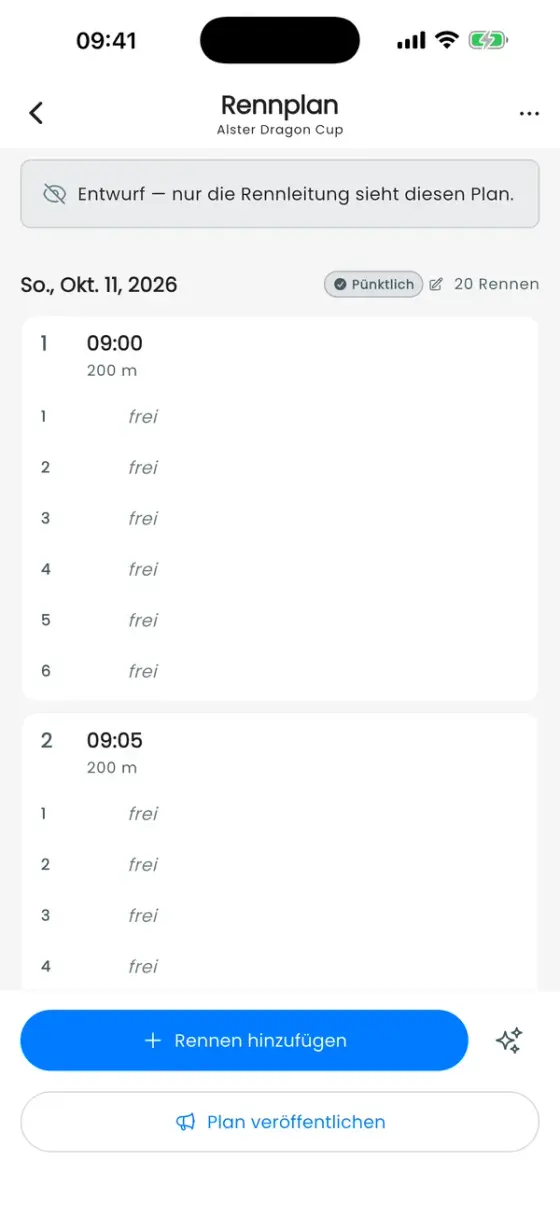 Rennplan-Editor mit Entwurfs-Hinweis und Rennen um 09:00 und 09:05