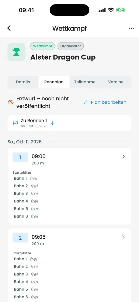 Tab Rennplan eines Wettkampfs mit Rennen und Bahnen