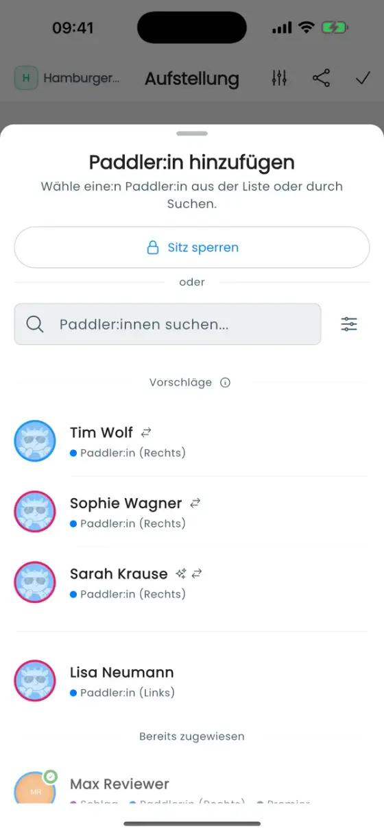Auswahl für einen leeren Sitz mit Sitz sperren oben und Vorschlägen darunter