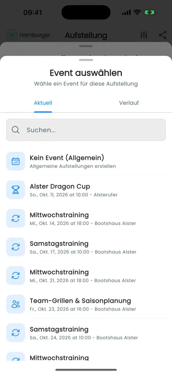 Event auswählen mit den Tabs Aktuell und Verlauf