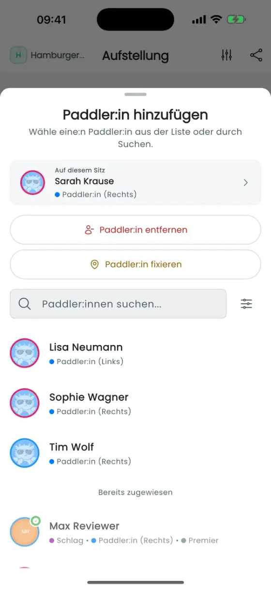 Auswahl für einen besetzten Sitz mit Paddler:in entfernen und Paddler:in fixieren