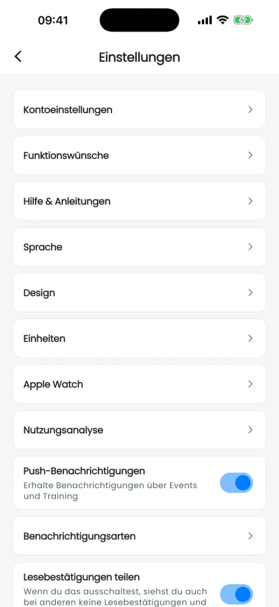 Einstellungen mit Kontoeinstellungen, Funktionswünsche, Hilfe & Anleitungen, Sprache, Design, Einheiten und Benachrichtigungen