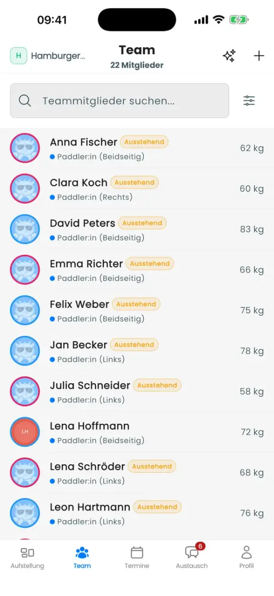 Team-Tab mit der Liste der Paddler:innen, dem Hinweis Ausstehend und Gewichten