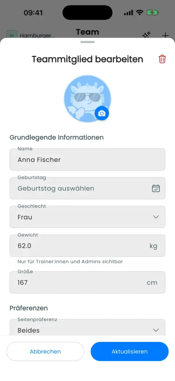 Teammitglied bearbeiten mit Foto, Name, Geburtstag, Geschlecht, Gewicht und Größe