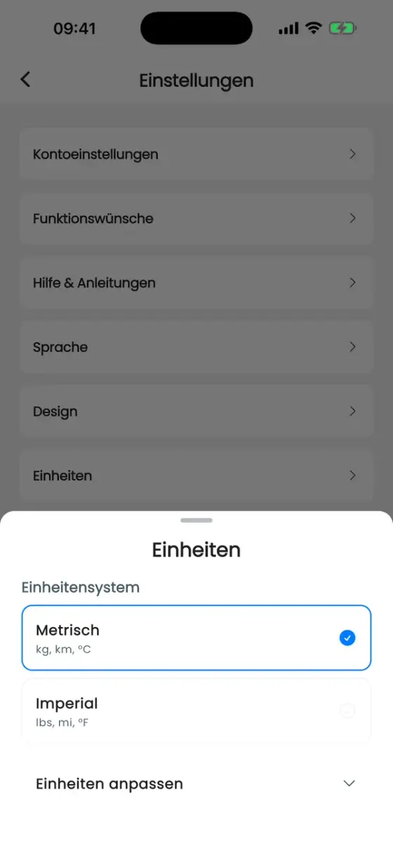 Einheiten mit Metrisch und Imperial und dem Bereich Einheiten anpassen