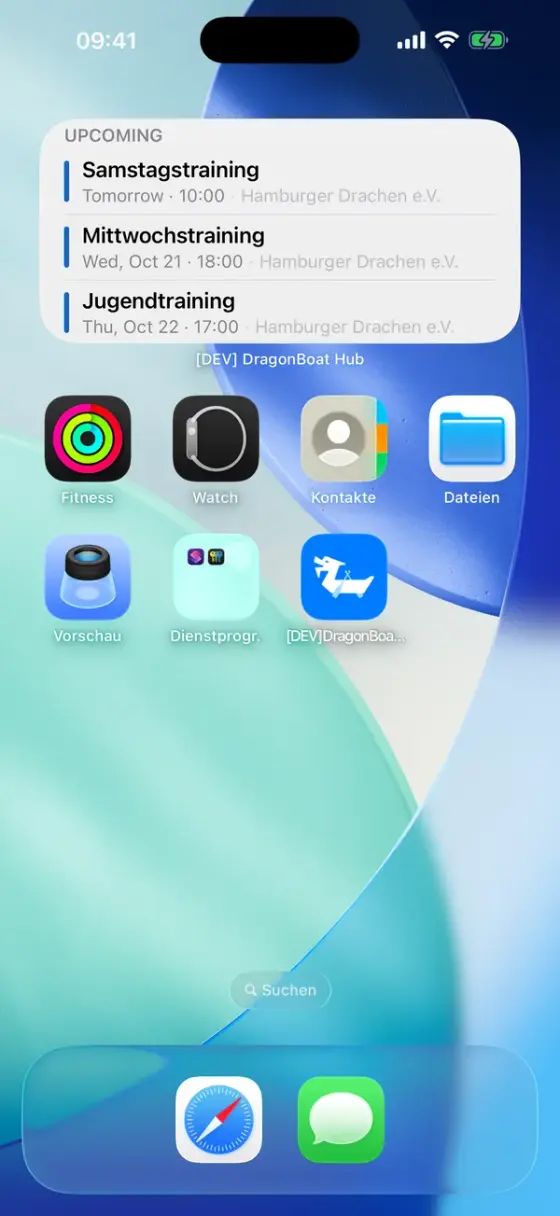 DragonBoat-Hub-Widget mit kommenden Vereinsterminen auf einem iPhone