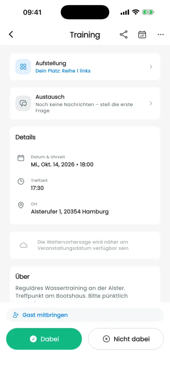 Trainingsseite mit der Karte Workout starten