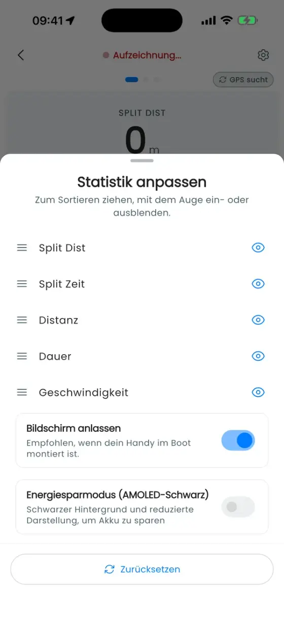Fenster zum Sortieren und Ausblenden der Live-Werte, mit Bildschirm anlassen und Stromsparmodus