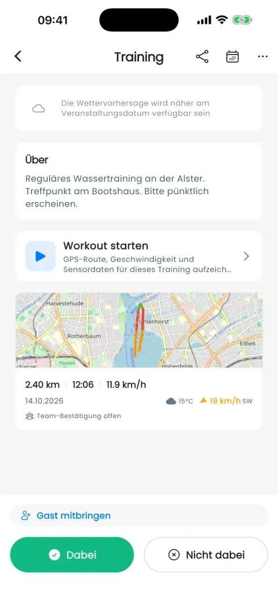 Trainingsseite mit einer Workout-Karte: Routenvorschau, 2,40 km, 12:06 und 11,9 km/h